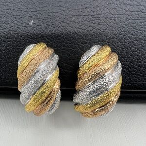 Vintage Retro JanKuo Tritone Gold Copper Silver Finish ,Shrimp Clip On Earrings